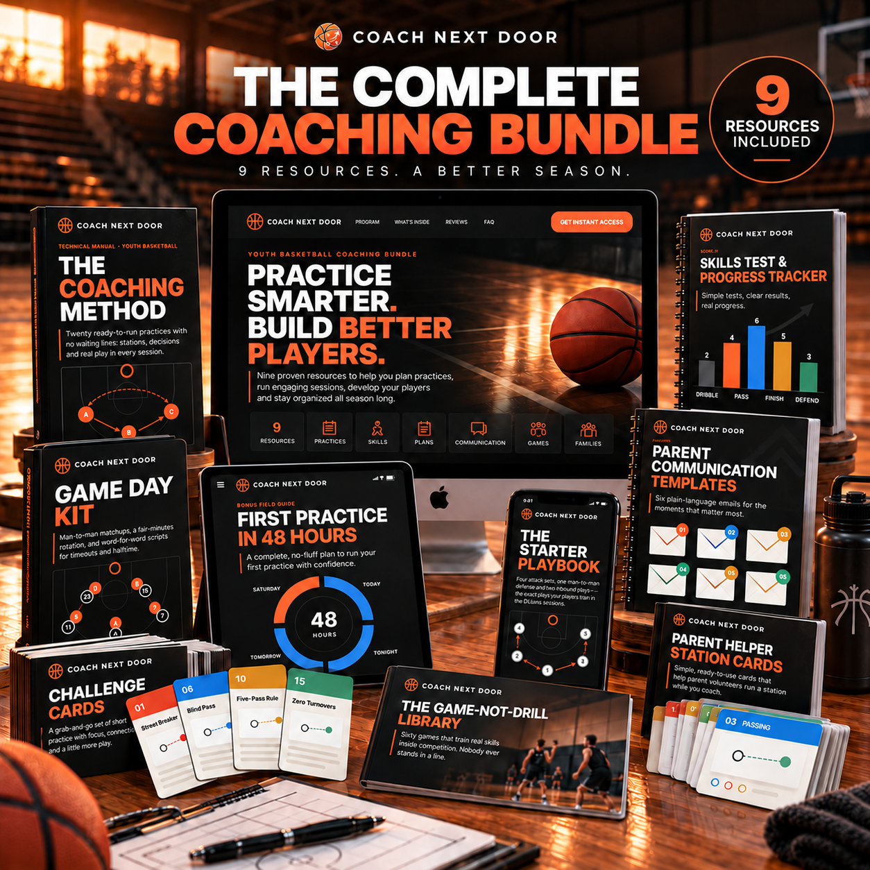 The complete Coach Next Door Youth Basketball Coaching Bundle: 9 resources across books, practice plans, game day kit and printable tools